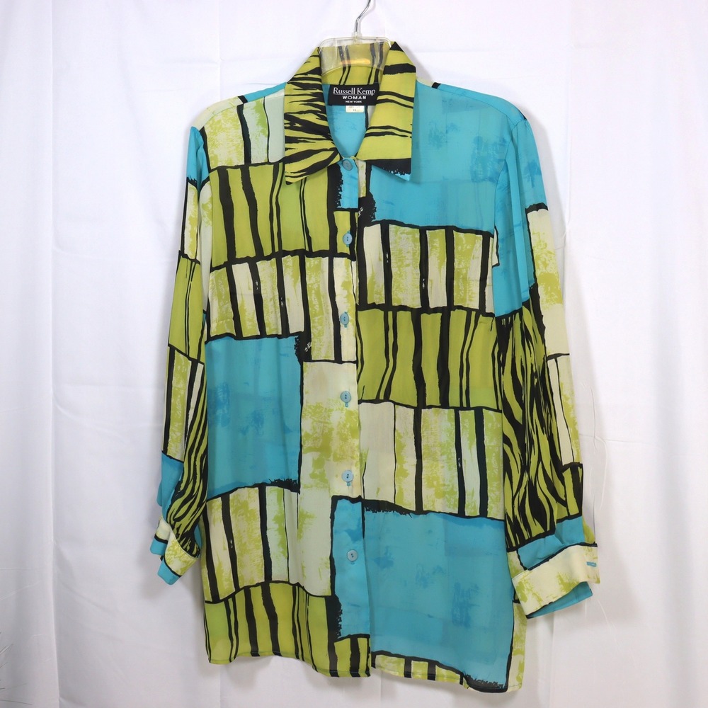 Russell Kemp Button Up Shirt 18 Multicolor Womens Abstract Sheer Blouse